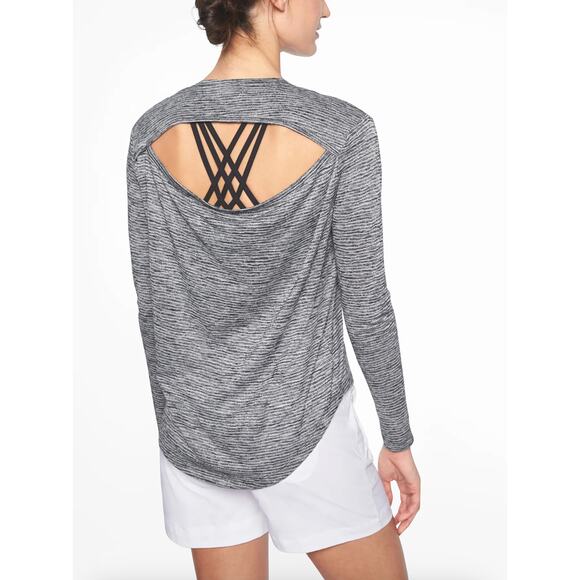 Athleta Breezy Long Sleeve Navy Striped Cutout Open Back Blue Size Large - Picture 1 of 9